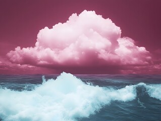 Dramatic ocean wave breaking under a vibrant surreal magenta sky