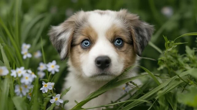 Cute puppy with blue eyes sitting among green grass and wildflowers, capturing the essence of innocence and playfulness in nature's beauty 4k video footage