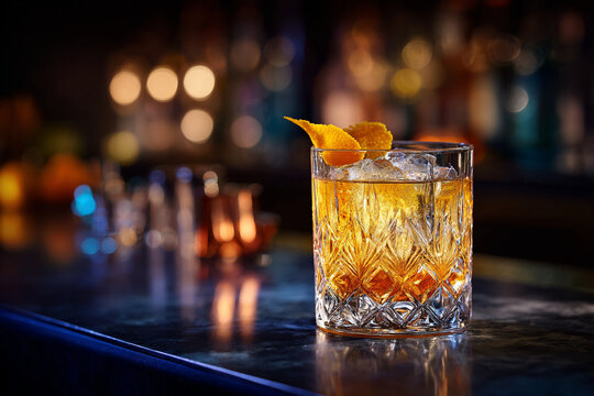 Sophisticated Old Fashioned cocktail with orange zest garnish in elegant crystal glass, perfect for upscale bar promotions and premium liquor advertising campaigns