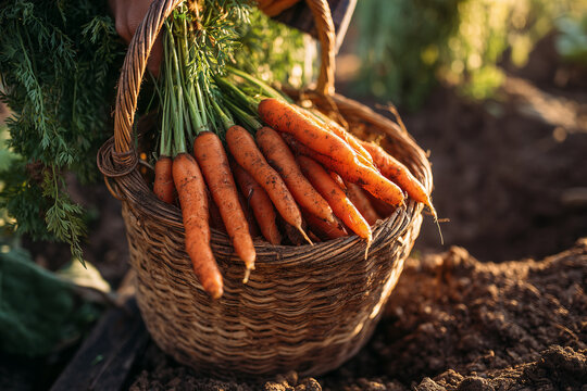 Świeżo zebrana marchew ułożona w koszyku na wiejskim gospodarstwie domowym