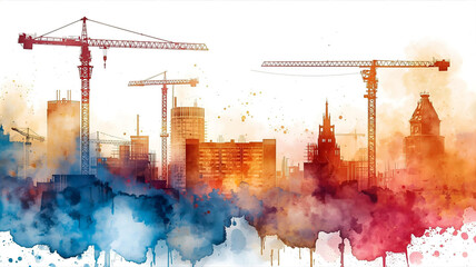 都市開発産業をイメージしたウォーターカラーイラスト