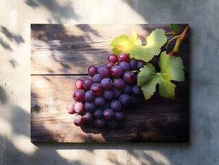 Fresh ripe red grapes with green leaves on rustic wood surface
