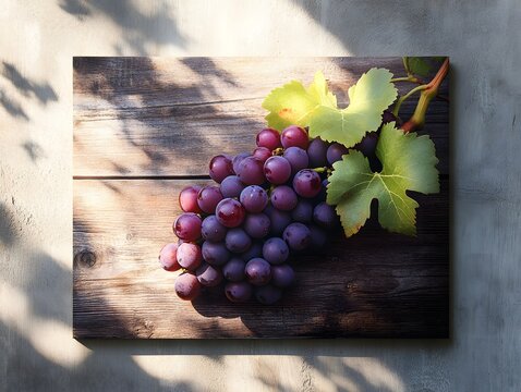 Fresh ripe red grapes with green leaves on rustic wood surface - Powered by Adobe