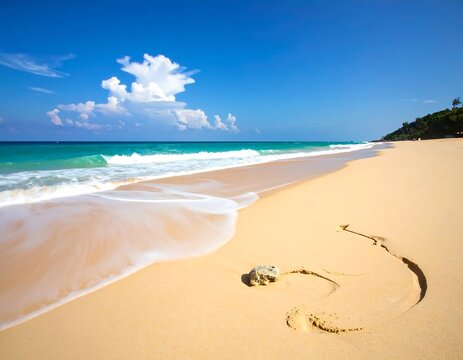 Sunny beach scene with light blue waves gently rolling onto golden sand under a bright blue sky and fluffy white clouds