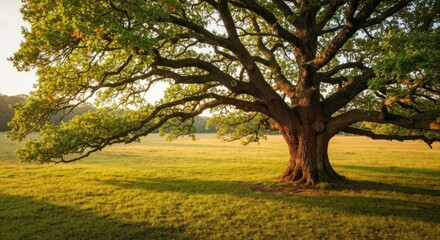 Lush oak tree dominates a sun-drenched field