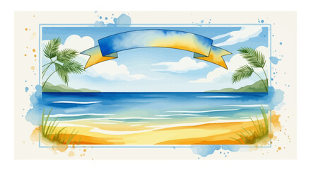 Watercolor Beach Scene with Ribbon Banner