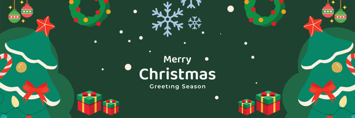 Festive Christmas background with decorated trees, wreaths, gifts, snowflakes and candy canes, perfect for holiday cards, invitations and seasonal marketing campaigns
