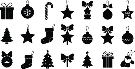 Christmas Holiday Decoration Icon Silhouette Vector Set, Festive Graphic Elements Collection, Black Ornaments, Gift Boxes, Stars, Hanging Balls, Candy Cane, Stockings, Trees, Santa Claus, Isolated.