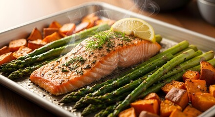 Baked Salmon Asparagus and Sweet Potato on Baking Sheet food