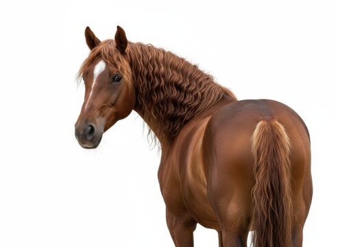Brown Horse Looking Back on White Background