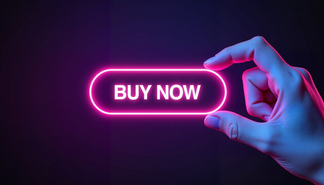 Hand reaching for glowing pink buy now button in dark setting  