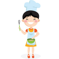 Happy Little Girl Chef With Black Hair Wearing A White Chef Hat And Apron Mixes Ingredients In A Green Bowl With A Whisk In Her Hand Isolated On White Background Smiling Joyfully
