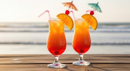 Tropical beachside cocktails: refreshing summer drinks with vibrant colors and ocean backdrop