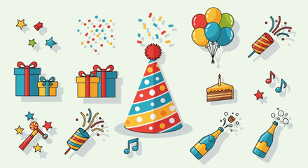 Cartoon illustration of birthday party elements on a light background.