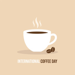 Minimalist illustration showcasing a steaming coffee cup with coffee beans celebrating International Coffee Day