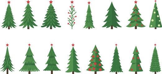 Christmas tree collection vector illustration set, featuring different shapes, decorated, and plain pine trees with red stars, flat cartoon graphic design elements for holiday card, banner, and winter