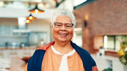 Home, portrait and senior woman with smile, confident and happiness for retirement, laugh and relax. Healthy, elderly person and excited for break in house, peace and wellness in apartment or Cuba