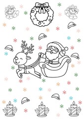 A cute Christmas coloring page illustration featuring Santa Claus riding in his sleigh pulled by a cheerful reindeer. The design includes festive elements such as bells, wreaths, candles, Santa hats