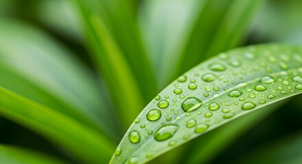 Close up of green leaf covered in numerous clear water droplets water drops nature
