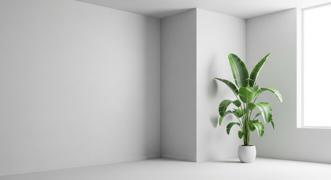 Minimalist White Empty Corner with Bird of Paradise Plant - Powered by Adobe