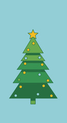 Illustration of a Christmas tree with a star on top and ornaments on a blue background.