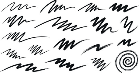 Vector hand drawn charcoal pencil squiggles, rough brush strokes, scribbles, bold zigzag line and swirls. Crayon doodle wavy strip, chalk smears, curly underlines.