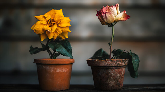 Two potted marigold and rose flowers on rustic surface