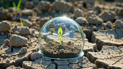 Protecting green growth germinating seedling in glass dome over cracked earth nature close-up hopeful concept