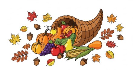 Abundant cornucopia overflowing with autumn harvest fruits vegetables pumpkins acorns and colorful fall leaves on white background