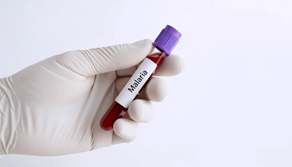 Doctor Hand Holding Malaria Blood Test Tube Sample with Purple Cap Isolated on White Background