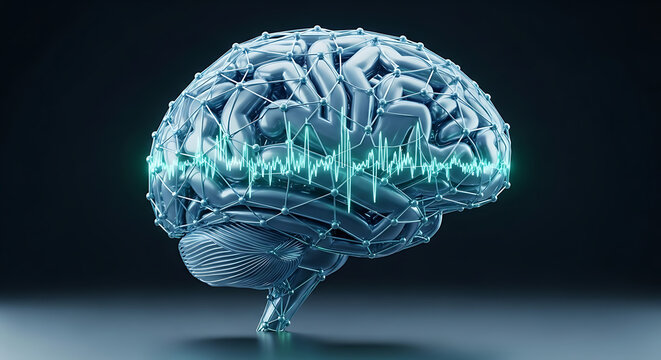 A metallic brain model with a network structure and a bright blue waveform across the center