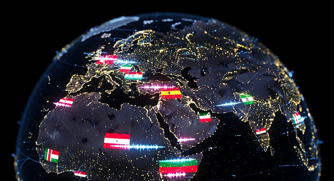 A glowing earth globe showing country flags and city lights at night with sound wave connections - Powered by Adobe