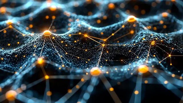 Interconnected Luminous Nodes on a Wavy Digital Grid Representing Data