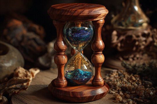 Elegant hourglass with cosmic dust for time management concepts, perfect for visualizing deadlines, productivity, and the precious nature of time passing beautifully