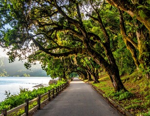 Scenic waterside road shadowed by lush, overhanging trees