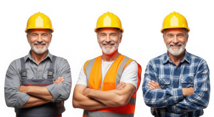 Happy senior workers in yellow hard hats isolated on transparent background