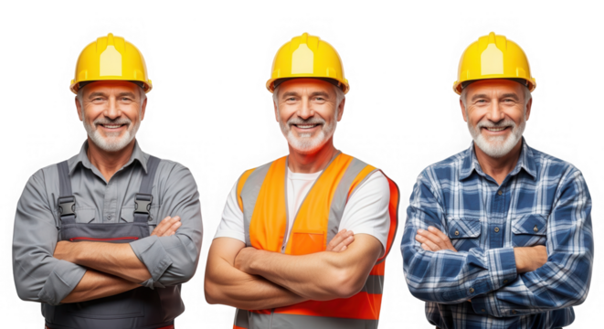 Happy senior workers in yellow hard hats isolated on transparent background
