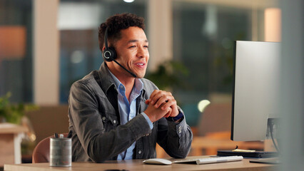 Smile, man and headset with computer in call centre for customer service, online query and billing. Agent, pc and consultation for payment plan, client information and review script of refund request