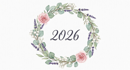 Elegant 2026 floral wreath isolated on white background, featuring delicate roses, lavender, and eucalyptus, perfect for wedding invitations, greeting cards, and celebratory designs