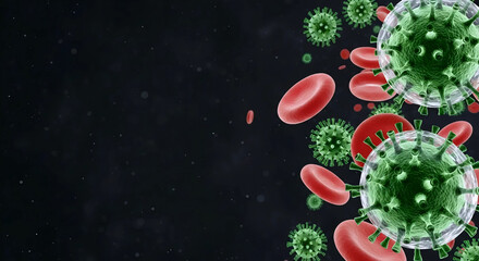 3D Green Virus and Red Blood Cells on Dark Background with Copy Space for Medical Banner