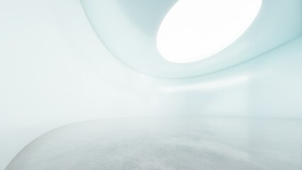 Abstract architecture curve space with empty concrete floor, Round geometric room with neon circle light, Sci-fi interior for product presentation, 3d rendering