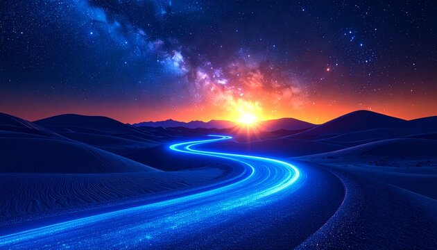 Sunrise light on the road through a winter mountain landscape with a red sky and snow