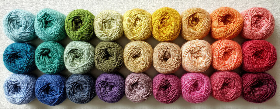 Flat lay of yarn arranged in a gradient color wheel, showing subtle texture variations across the palette.