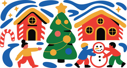 Fototapeta premium Festive winter scene with children playing a christmas tree and cozy houses