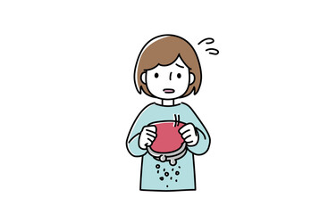 空のがま口を持って困っている女性のイラスト