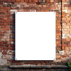 Blank white poster mounted on a weathered rustic brick wall background.