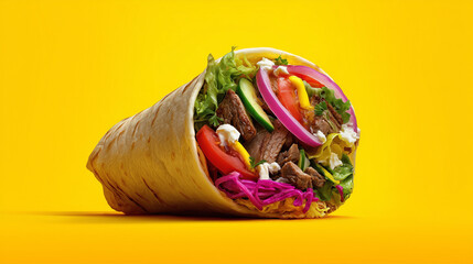 Colorful Vibrant Shawarma Wrap With Fresh Vegetables And Meat On Bright Yellow Background