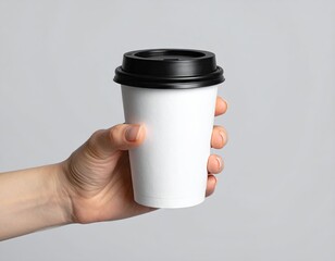 Hand holding a white disposable coffee cup with a black lid.