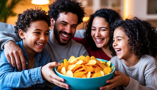 Diverse family having fun sharing a large bowl of potato chips, laughing while spending quality time indoors - Powered by Adobe