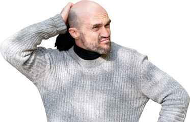 Confused bald man scratching head, isolated on transparent background. Puzzled expression, concept of thinking, problem-solving, or uncertainty.
